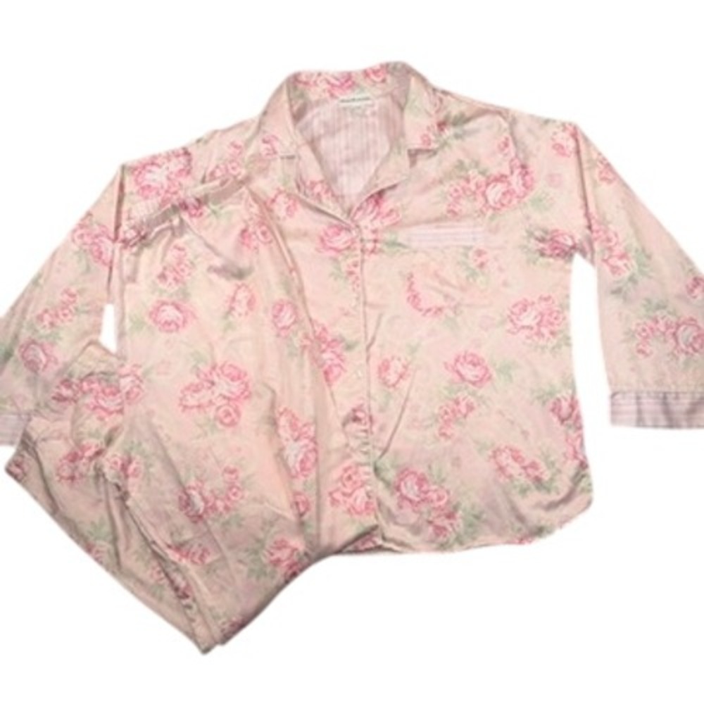 Miss Elaine Floral Pajama Set XL Women Pink Satin Long Sleeve Pants